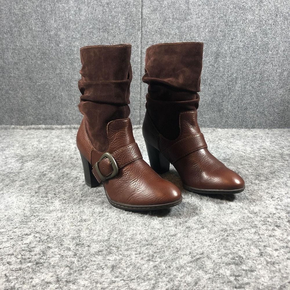 BOC Womens 7.5 Brown Leather‎ Suede Slouch Mid Calf Boots Buckle Heel